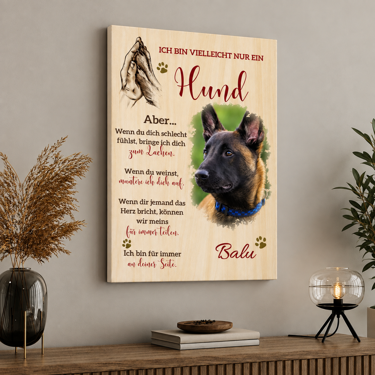 Lienzo personalizado con motivo de perro y texto sobre la lealtad y el apoyo de los perros.