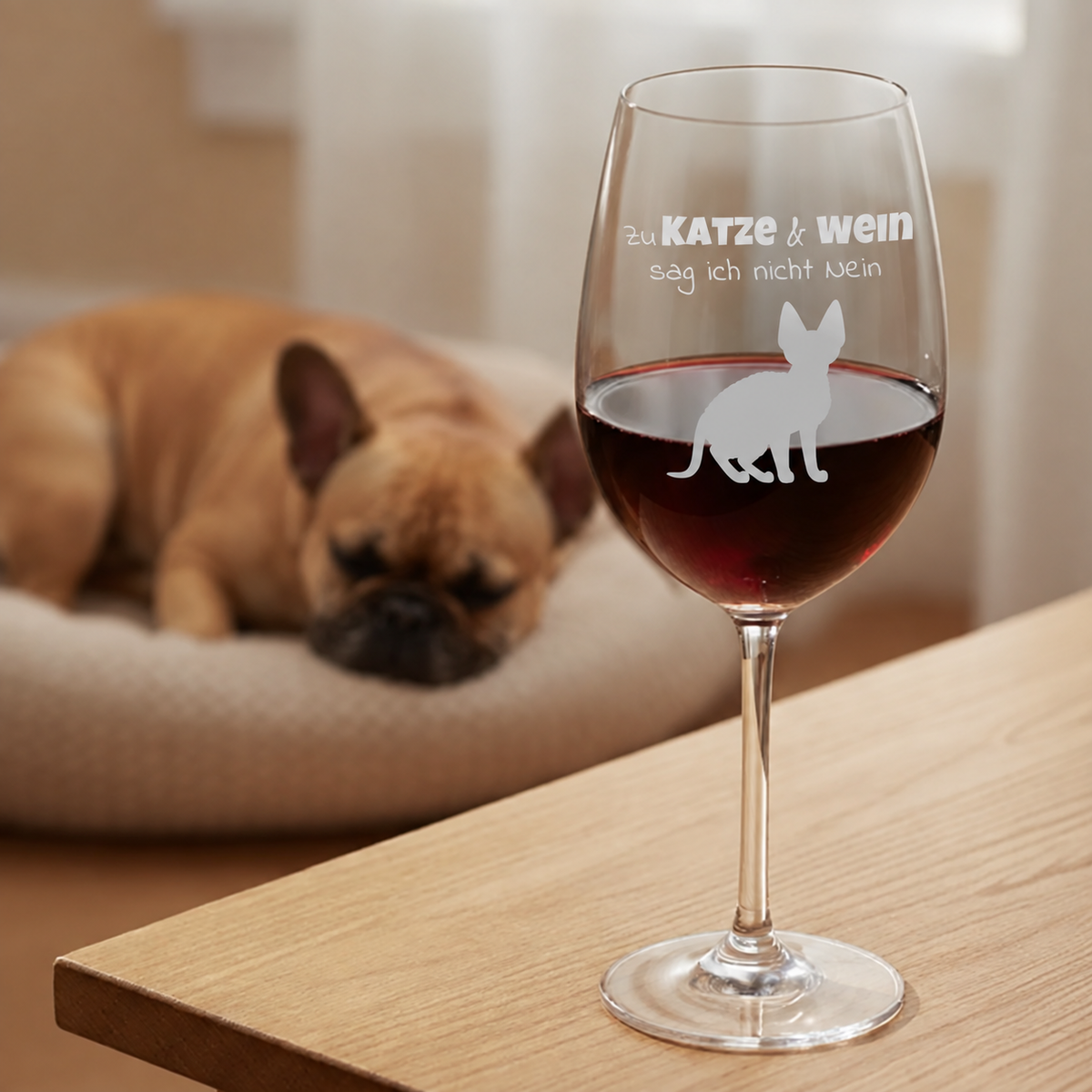 Copa de vino personalizada con motivo de gato y texto, llena de vino tinto, sobre una mesa de madera. Un perro duerme al fondo.