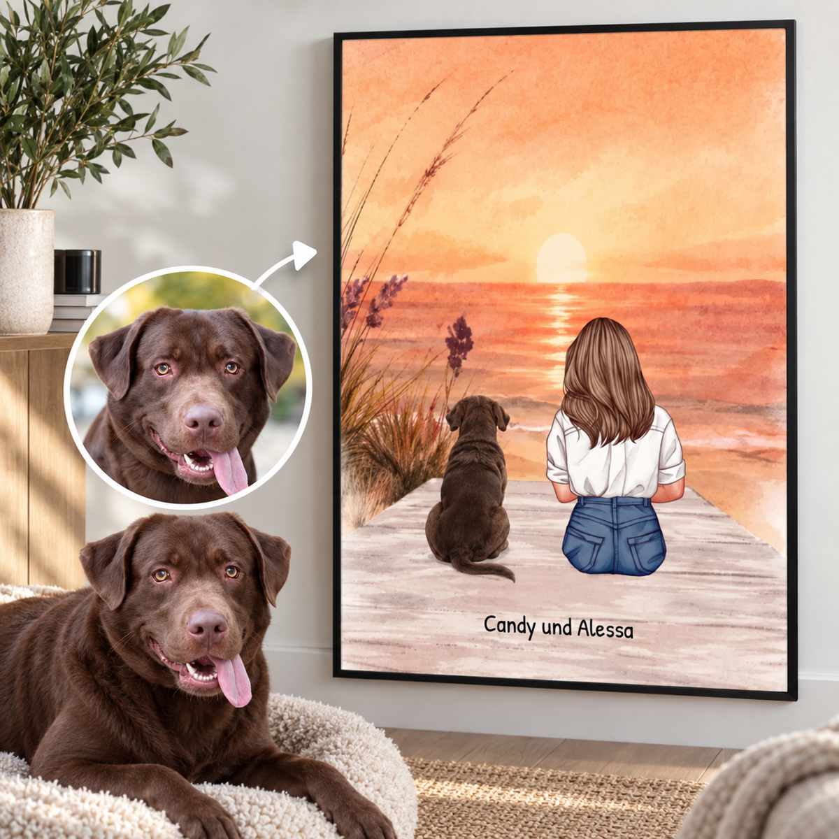 Arte mural personalizado con una mujer y su perro junto al mar al atardecer.