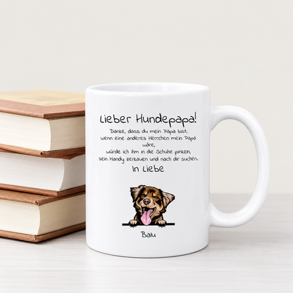Taza blanca con diseño de perro y mensaje personal para papás perrunos.