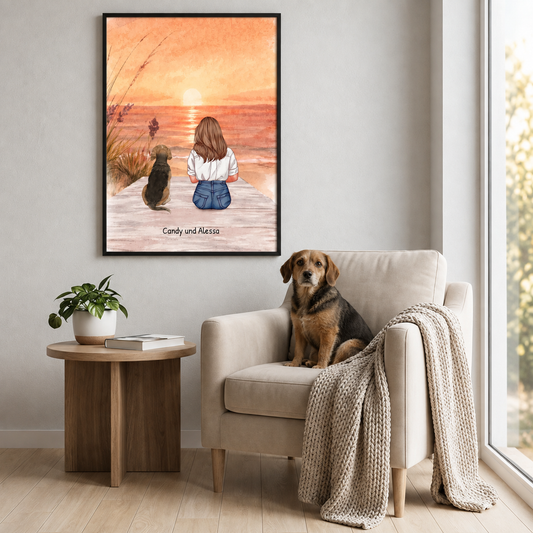 Ilustración personalizada de una niña y un perro en la playa, en colores cálidos, con un marco elegante.