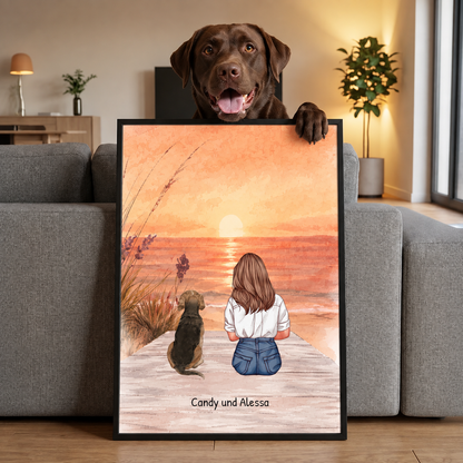 Ilustración de póster personalizado de una mujer y su perro en la playa al atardecer.