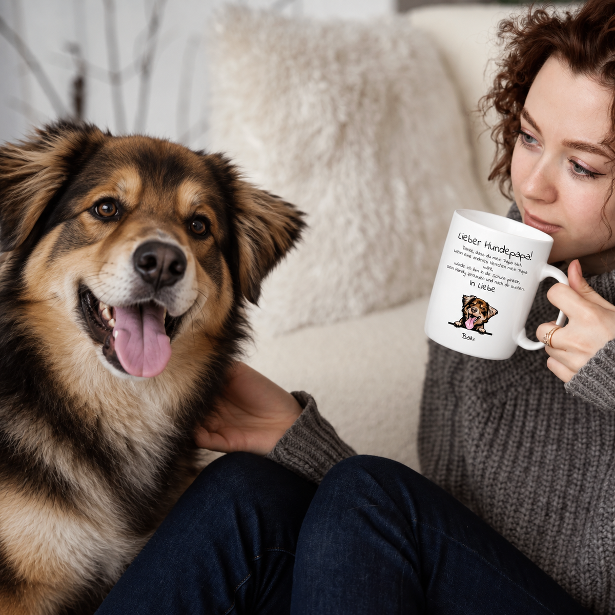 Persona con perro sosteniendo una taza blanca con el texto "Lieber Hundepapa".