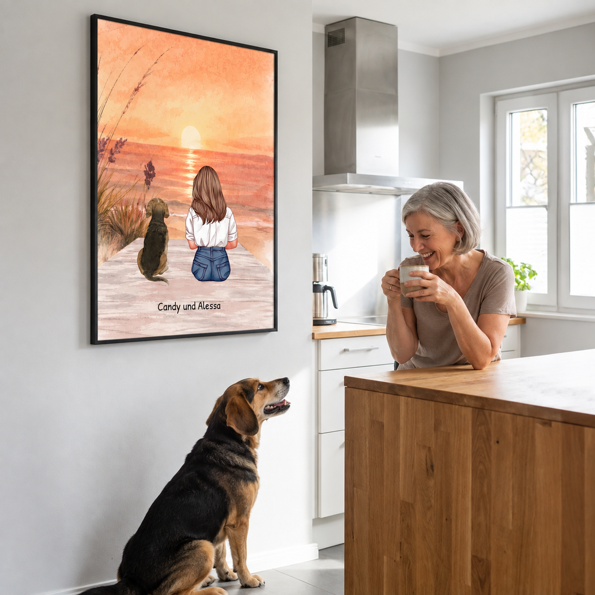 Ilustración de póster personalizado de una mujer y un perro en la playa al atardecer.