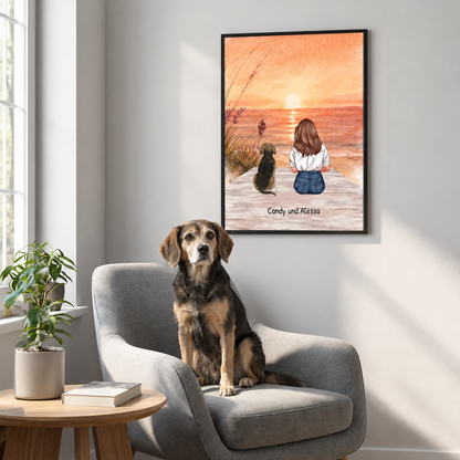 Arte mural personalizado de una niña con un perro, pintado al atardecer, en un marco moderno.
