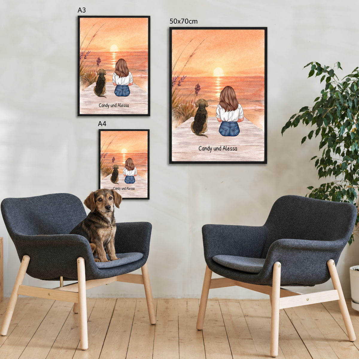 Pósters personalizados de perro y persona en la playa al atardecer, en versiones con marco negro.