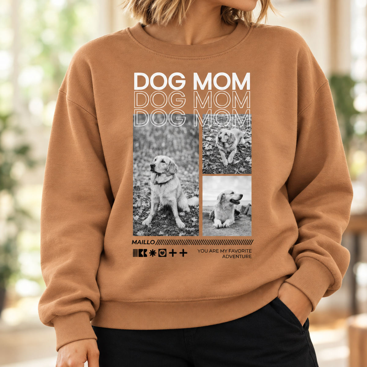 Sudadera beige con el texto "Dog Mom" y fotos de perros.