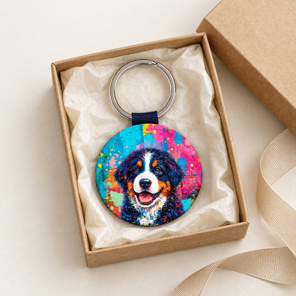 Llavero redondo con colorido motivo de perro, en una caja de regalo con papel de seda.