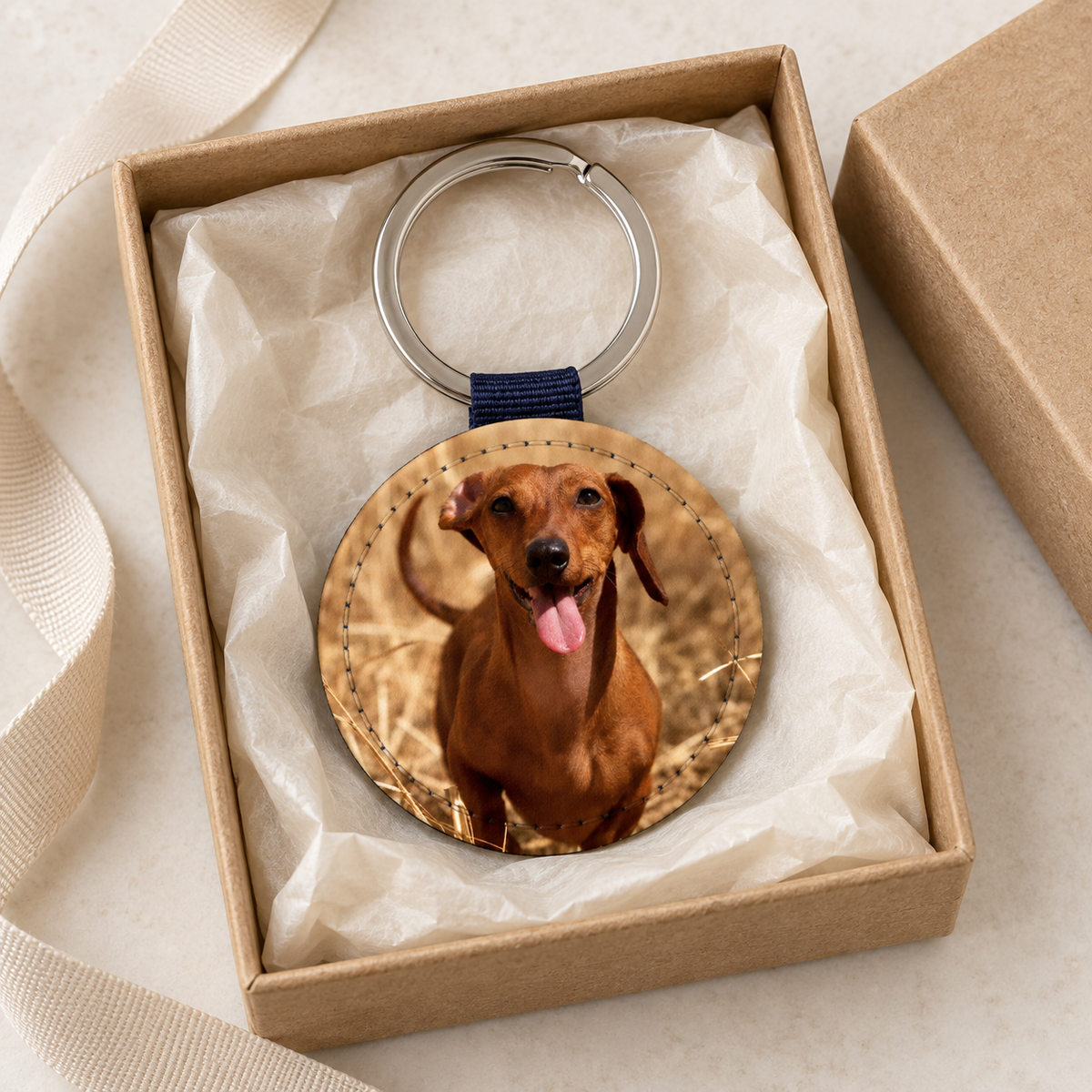 Llavero redondo personalizado con foto de un perro en una caja de regalo.
