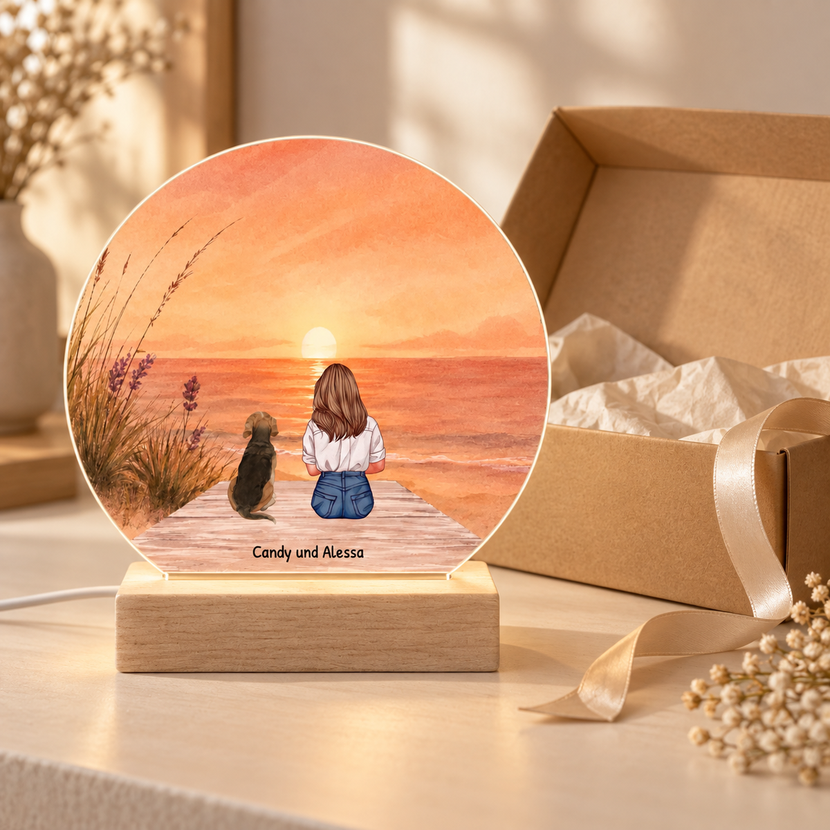 Luz nocturna LED personalizada con base de madera, ilustración de una persona y un perro junto al mar al atardecer.