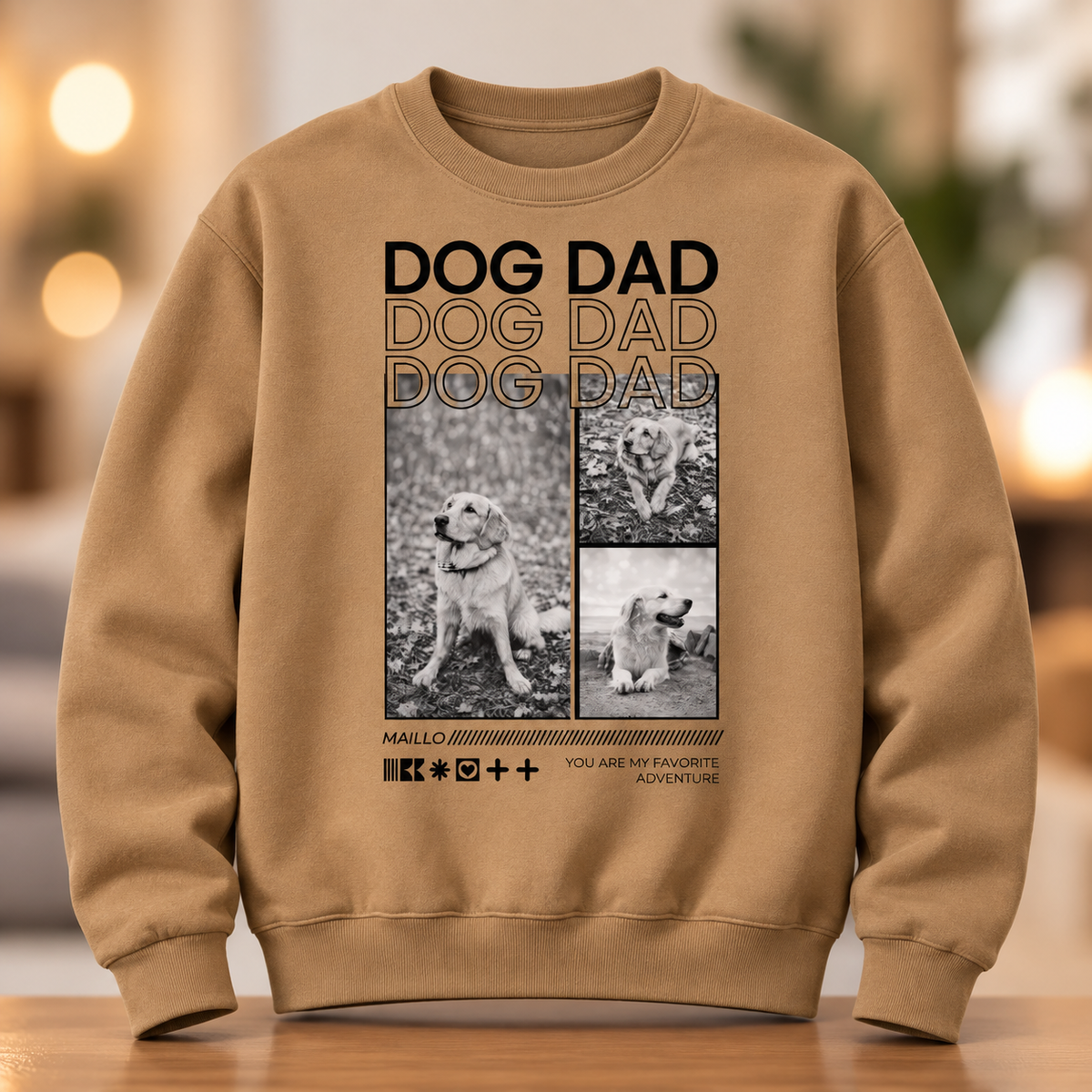 Sudadera beige con el texto "DOG DAD" y tres fotos de un perro en blanco y negro.