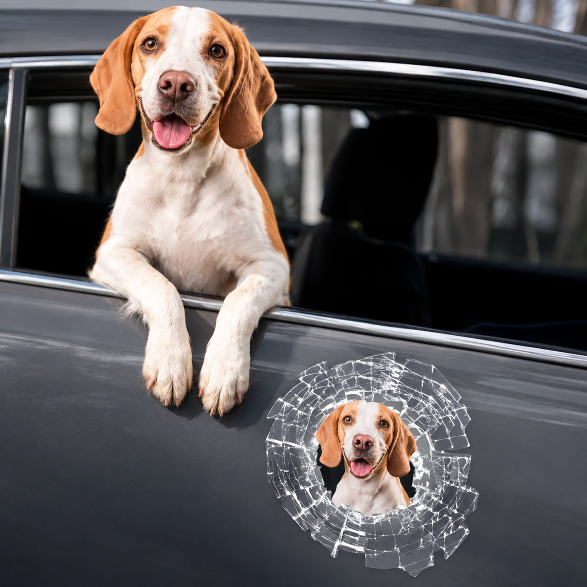 Pegatina de coche con un perro asomándose en diseño de cristal roto, en la ventanilla de un coche gris.