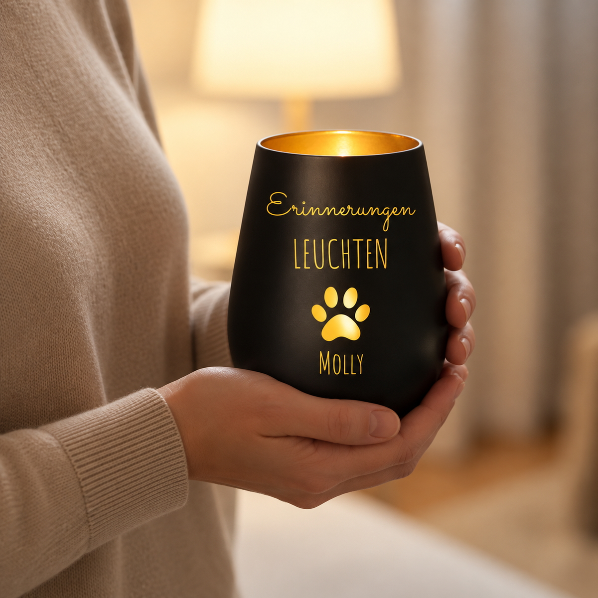 Vela conmemorativa negra personalizada con interior dorado, inscripción "Erinnerungen leuchten" y huella.