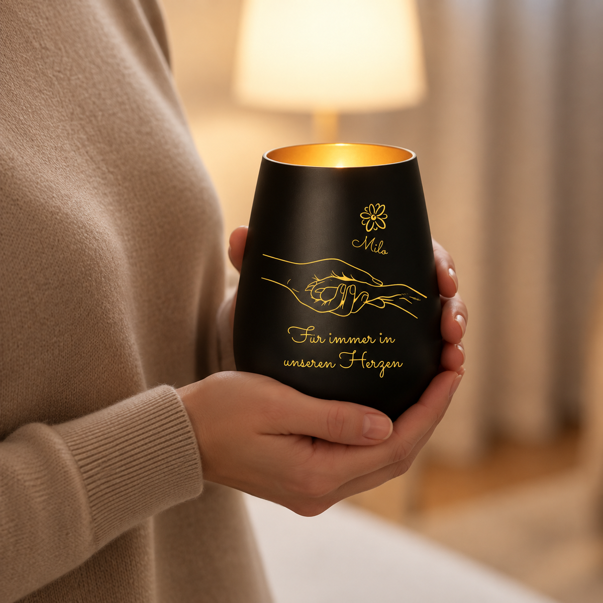 Vela conmemorativa negra personalizada con letras doradas y motivo de manos, sostenida en la mano.