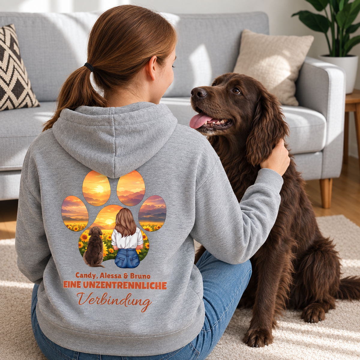 Sudadera con capucha gris jaspeado con huella y gráfico personalizado de persona y perro.