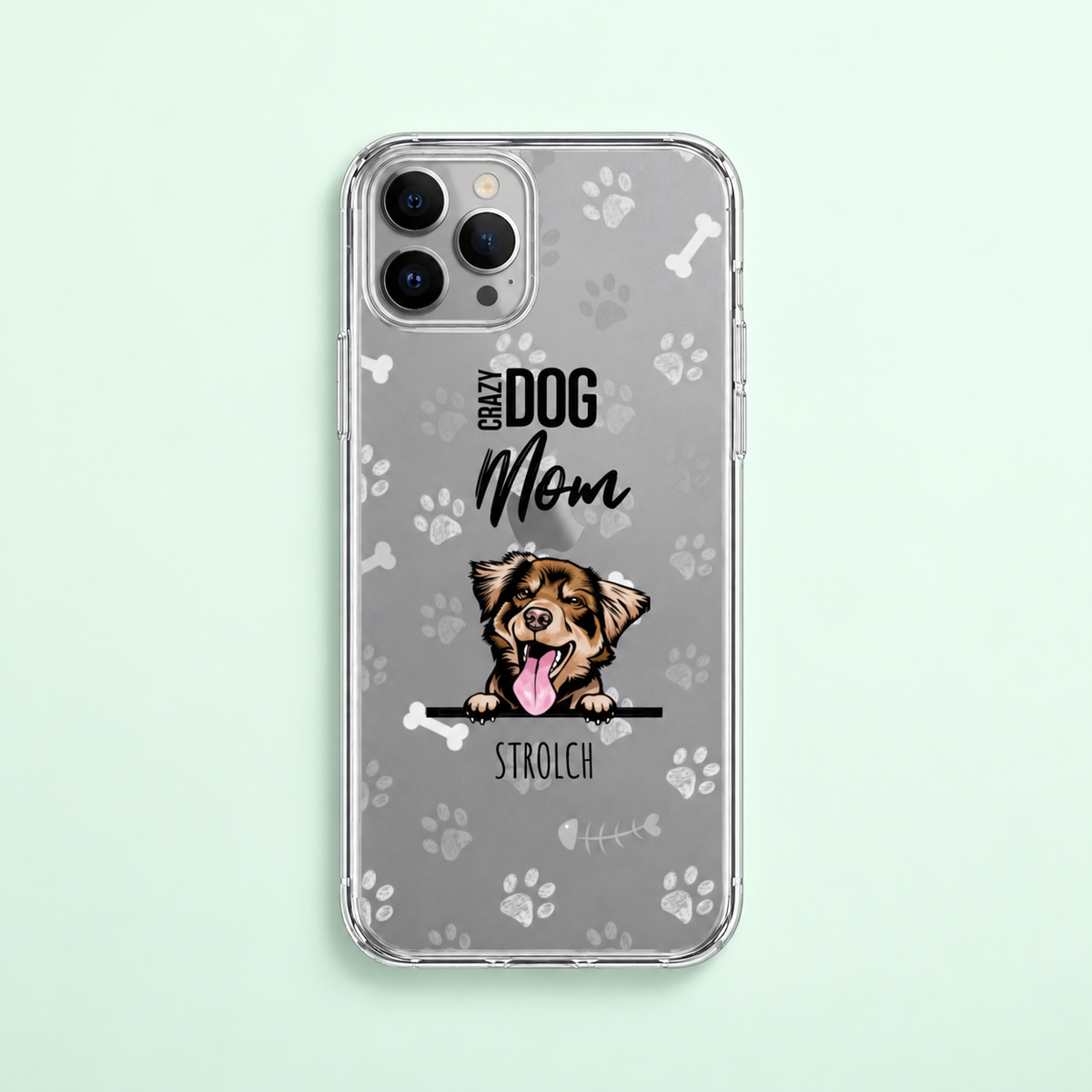 Funda de móvil transparente personalizada con motivo de perro y huellas grises.
