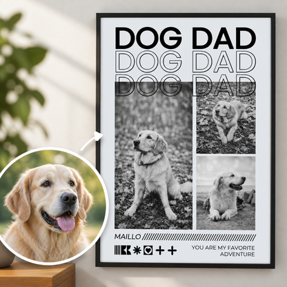 Póster personalizable con el texto "Dog Dad" y fotos en blanco y negro de un golden retriever.