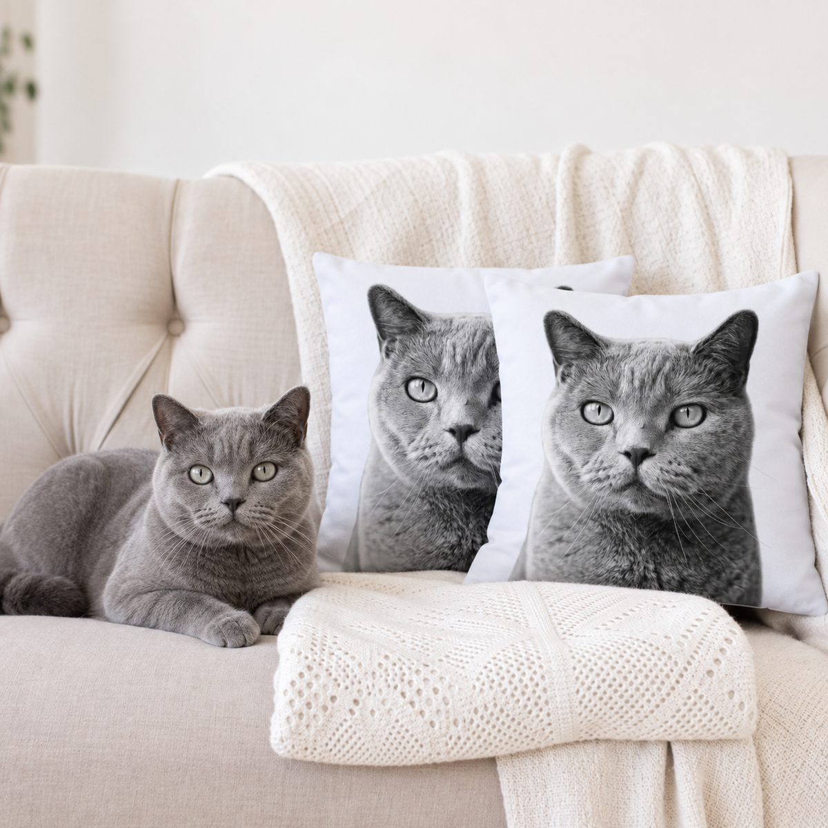 Dos cojines personalizados con retratos de mascota en blanco y negro, junto a un gato gris en un sofá.