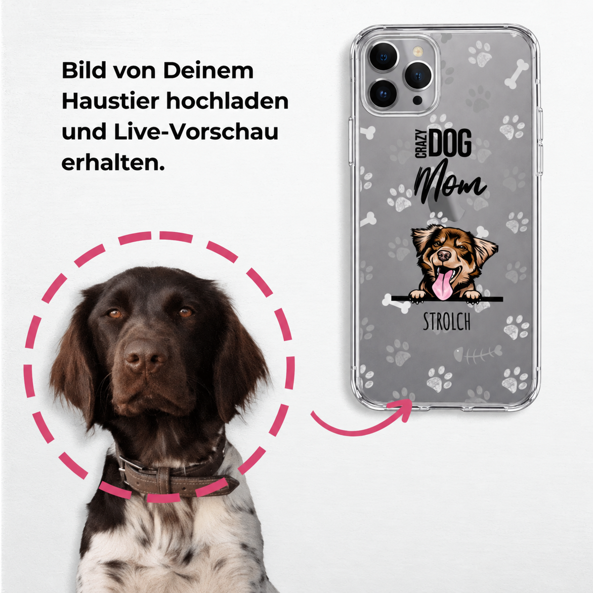 Funda de móvil personalizada con motivo de perro y huellas grises. Diseño para padres de mascotas.