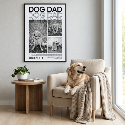 Póster con el texto "DOG DAD" y fotos de un perro. Marco de madera y salón moderno con perro y sillón.