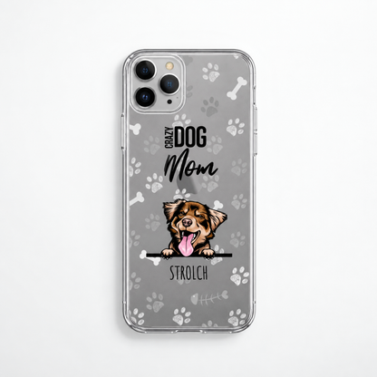Funda de móvil personalizada con fondo transparente, huellas y diseño de perro de dibujos animados.