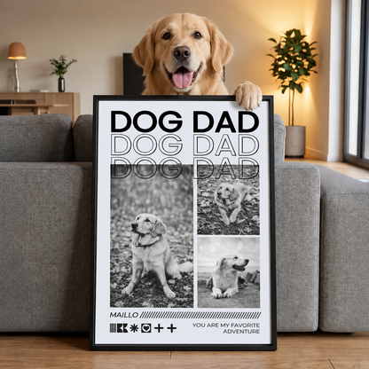 Póster personalizado con el texto "Dog Dad" y fotos de un perro en distintas poses.