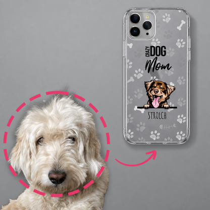 Funda de móvil personalizada con motivo de perro en tonos grises, material transparente, ideal para padres de mascotas.