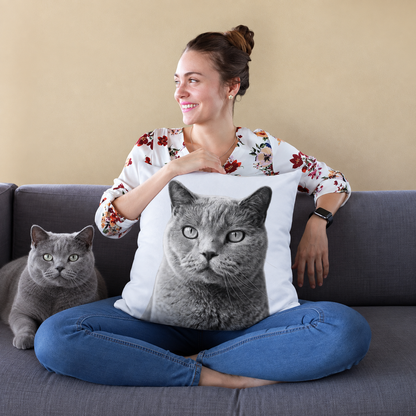 Cojín con retrato de gato en blanco y negro, persona sentada en un sofá sosteniendo el cojín.