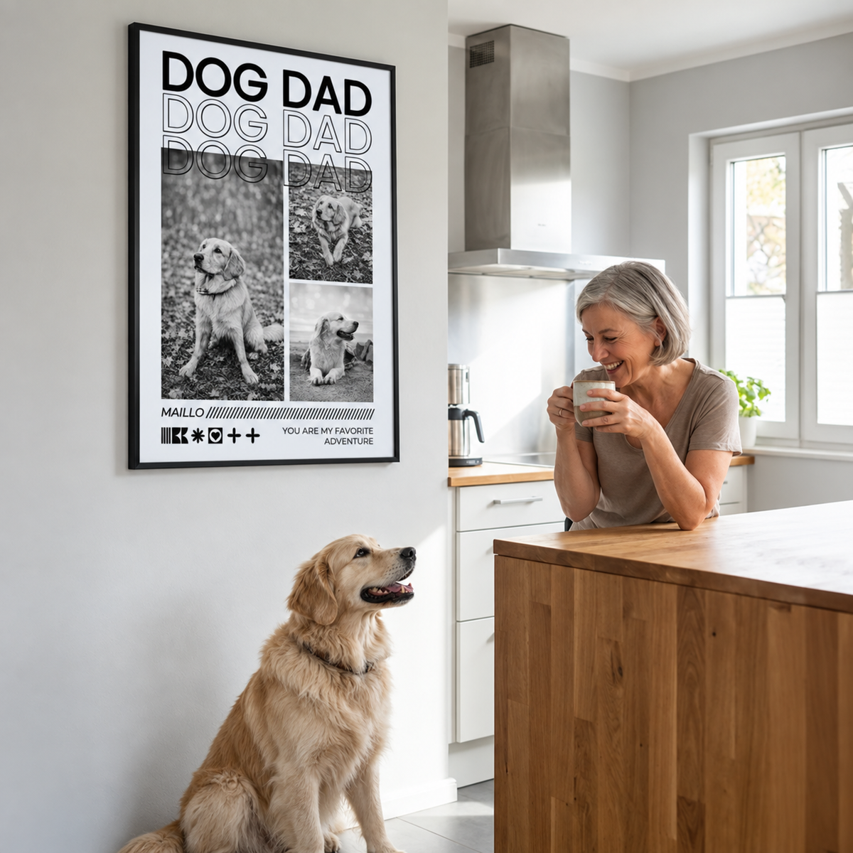Decoración de pared personalizada con fotos de perros y el texto "DOG DAD" en blanco y negro.