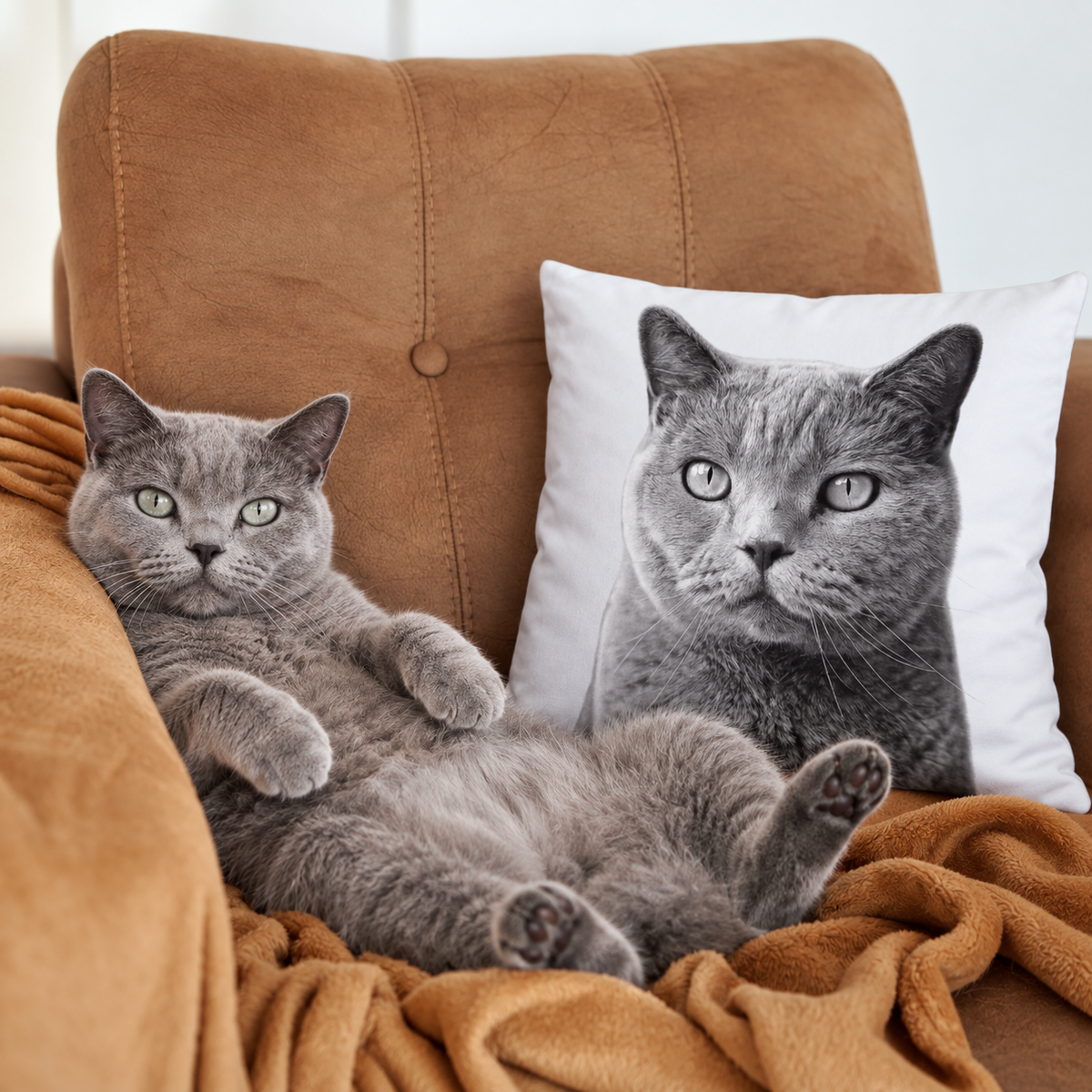 Retrato de gato en un cojín, cojín gris con foto de gato impresa, junto a un gato en un sofá.