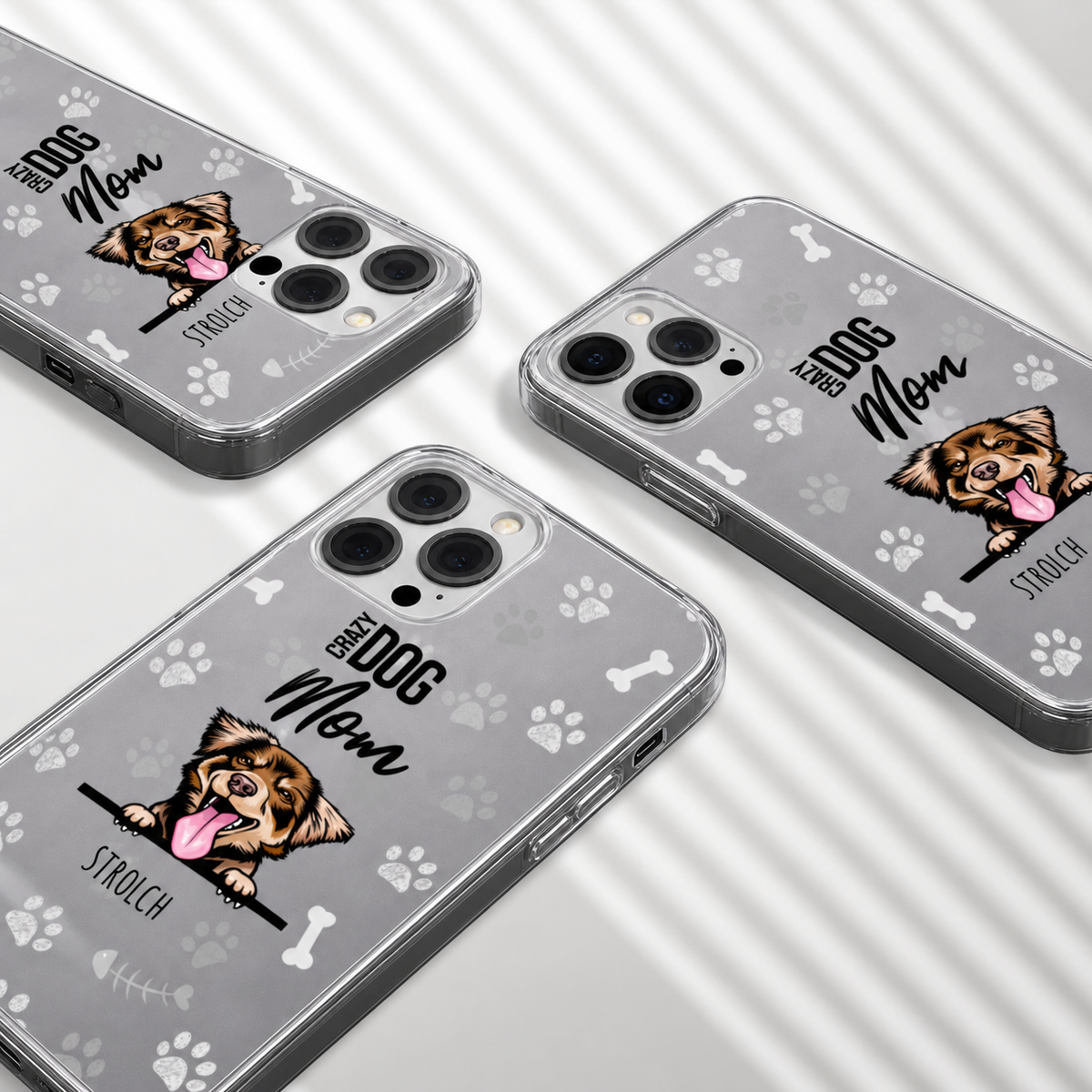 Funda de móvil personalizada con motivo de perro, fondo transparente, gris con huellas y huesos.