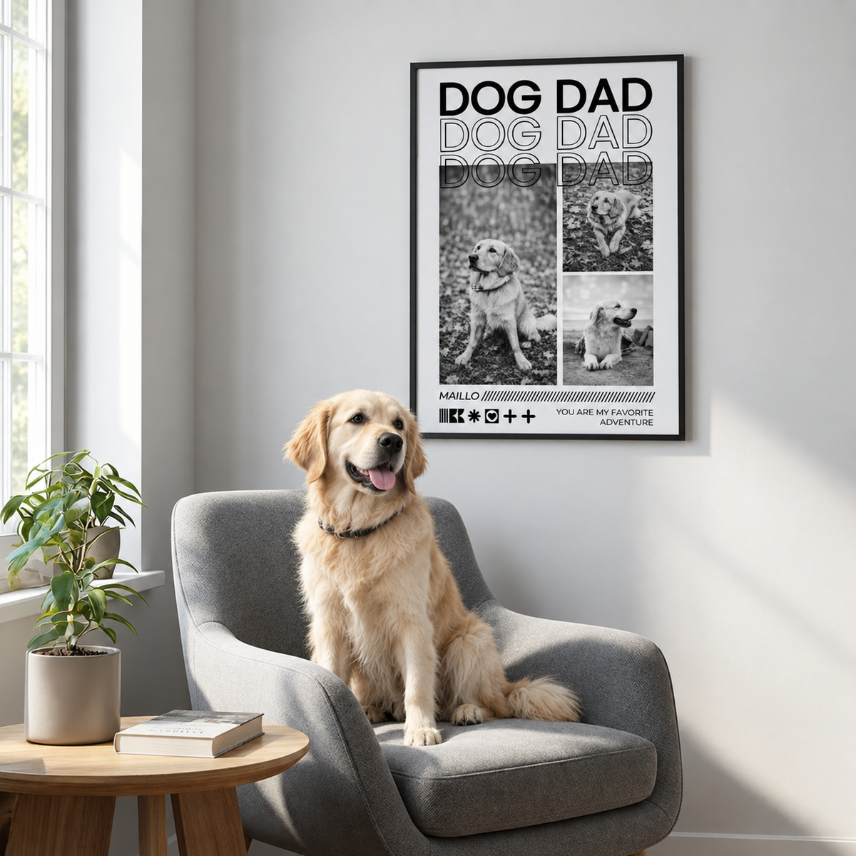 Póster personalizado en blanco y negro con el texto "DOG DAD", fotos de un perro, enmarcado.