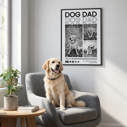 Póster personalizado en blanco y negro con el texto "DOG DAD", fotos de un perro, enmarcado.