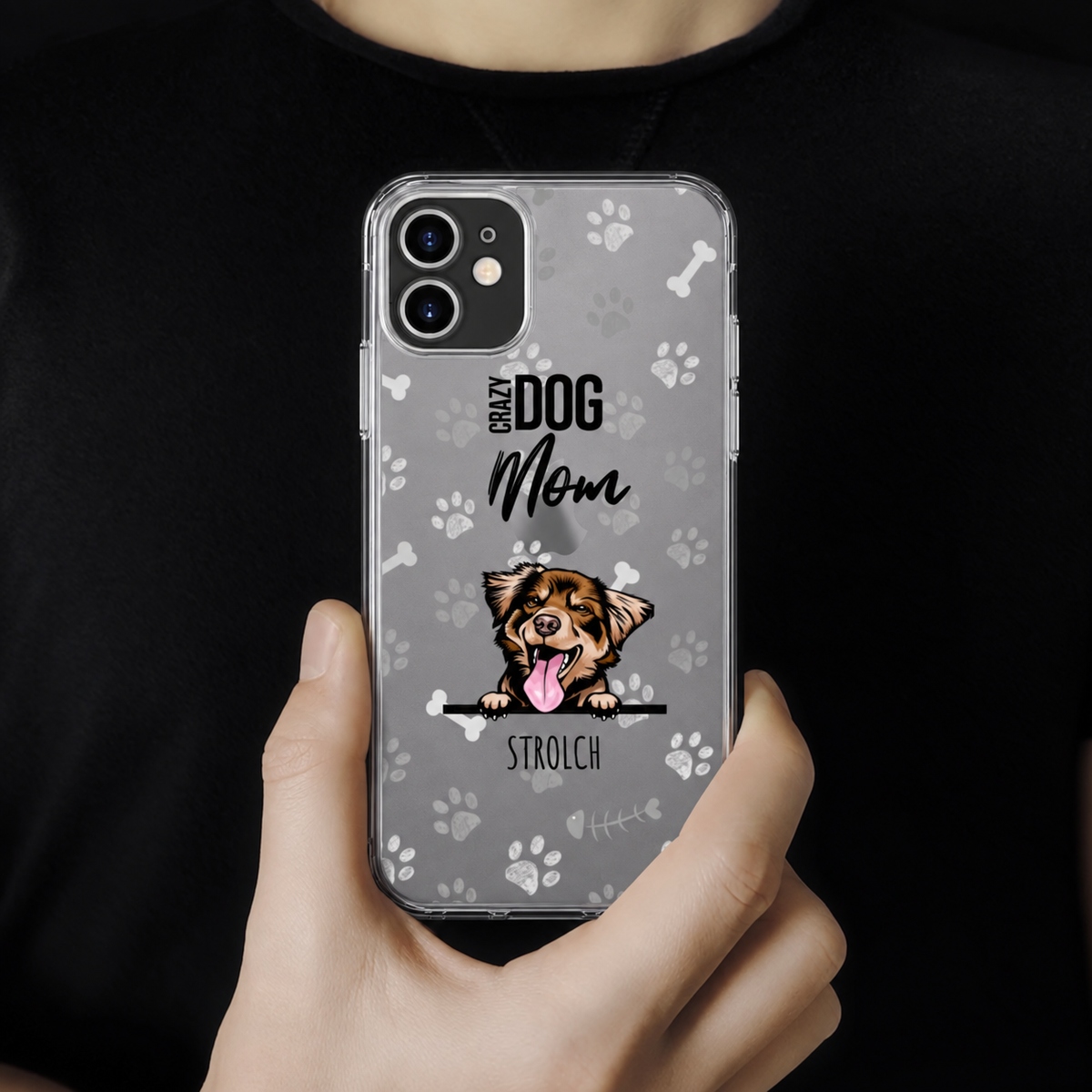 Funda de móvil con fondo transparente, motivo de perro y el texto "Crazy Dog Mom".