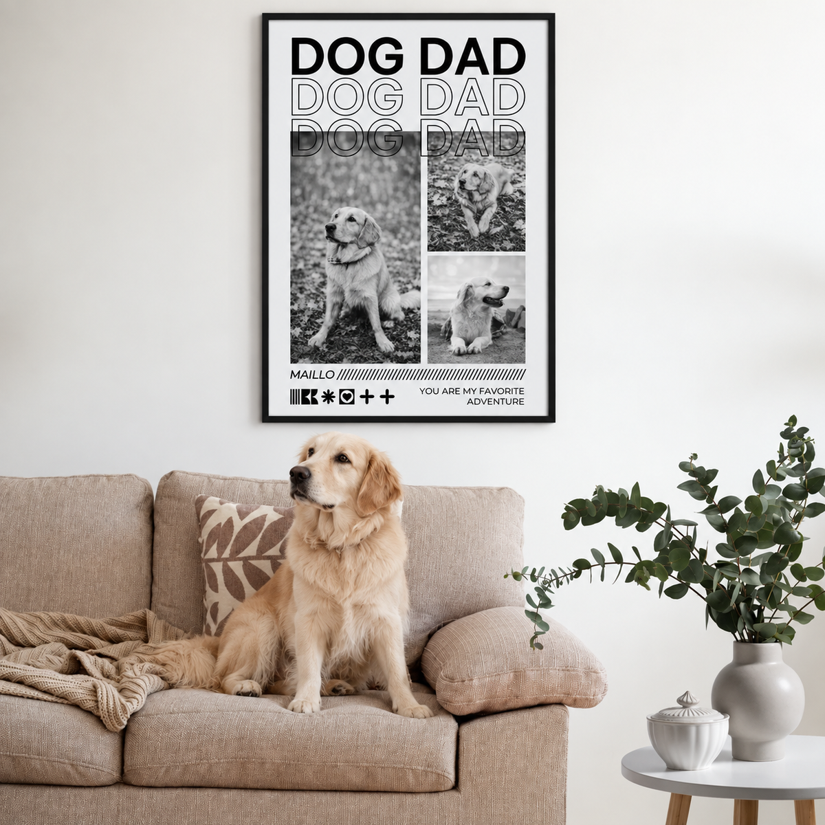 Pósters personalizados con el texto "Dog Dad" y fotos de un perro en un salón bonito.