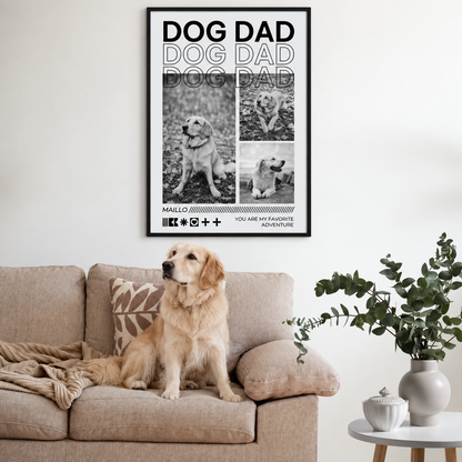 Pósters personalizados con el texto "Dog Dad" y fotos de un perro en un salón bonito.