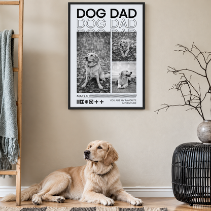 Marco con póster personalizado "Dog Dad" y tres fotos de un perro, junto a un golden retriever tumbado.