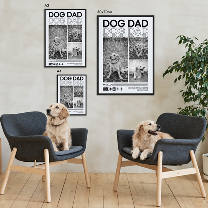 Tres pósters personalizados Dog Dad en distintos tamaños, sin marco en la pared. Dos perros en sillones grises.