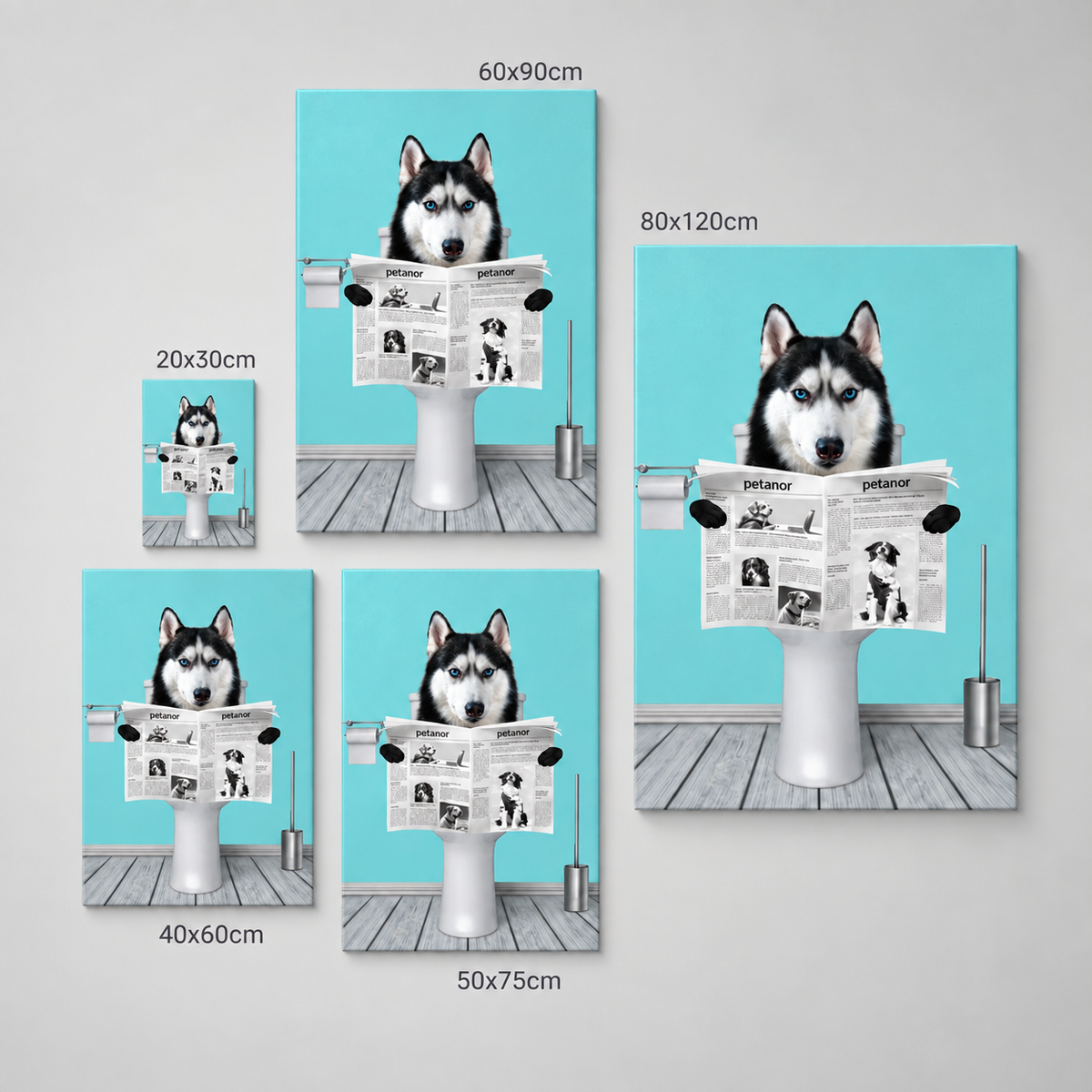 Lienzo personalizado con un perro sosteniendo un periódico en el baño. Varios tamaños disponibles.