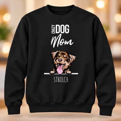 Sudadera negra con motivo de perro impreso y el texto "Crazy Dog Mom".
