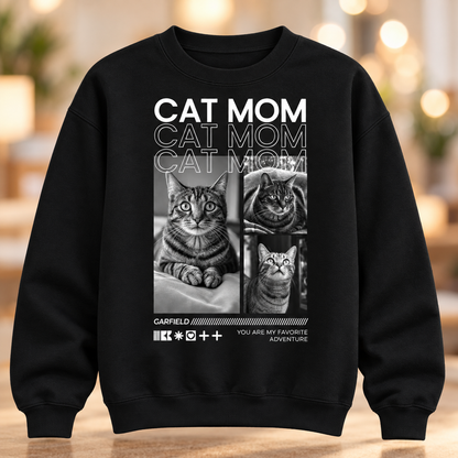 Sudadera negra con el texto "Cat Mom" y fotos de gatos en blanco y negro.
