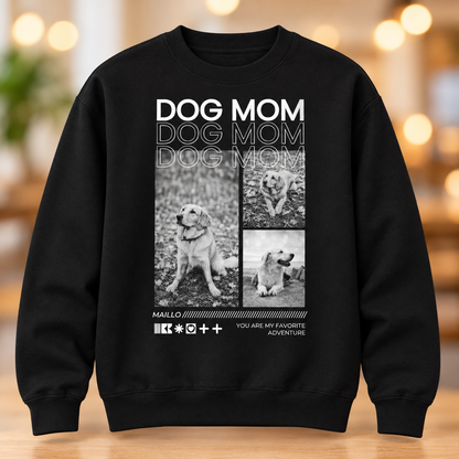 Sudadera negra con el texto "Dog Mom" y fotos de perros en blanco y negro.