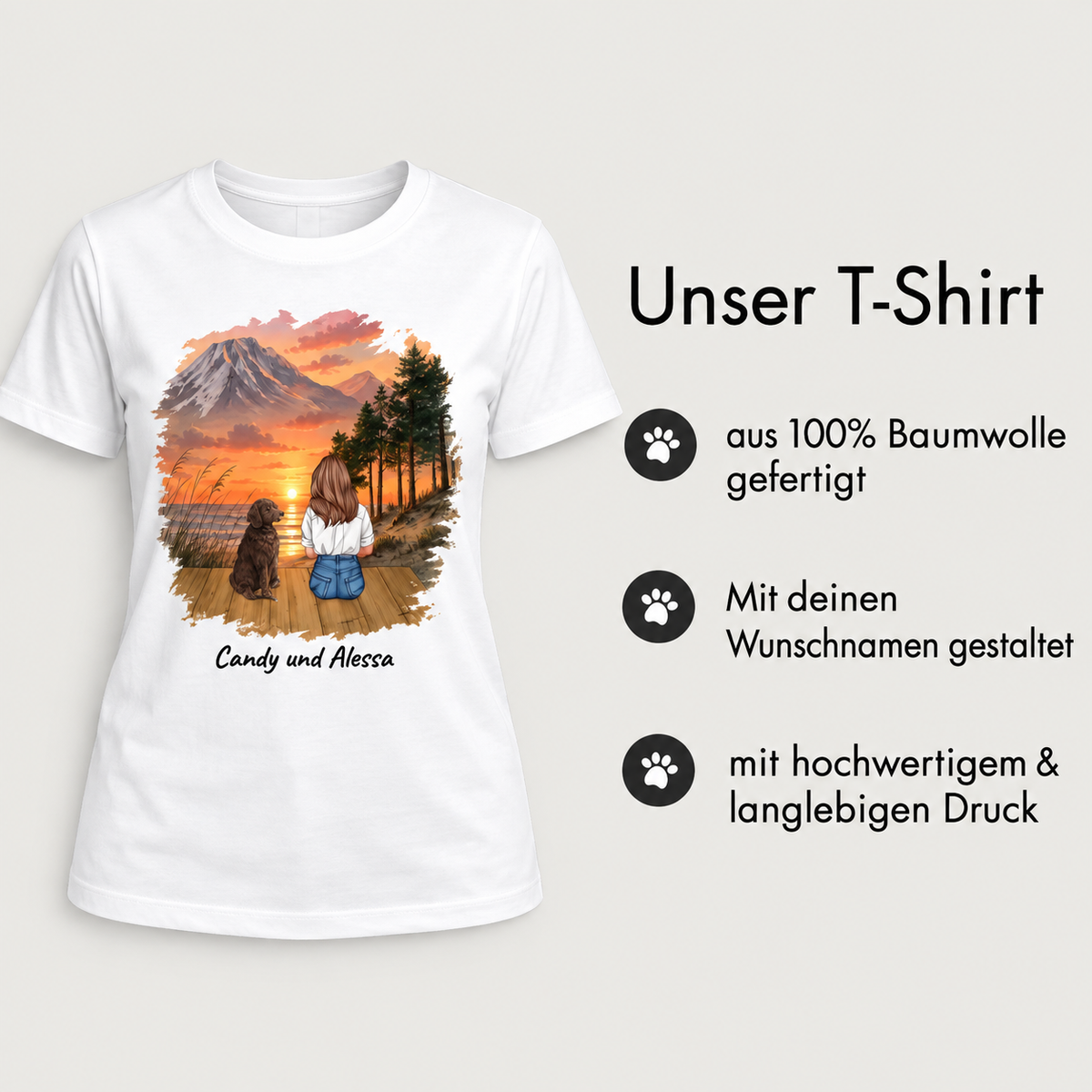 Camiseta blanca 100% algodón con impresión personalizable de una persona y un perro al atardecer.