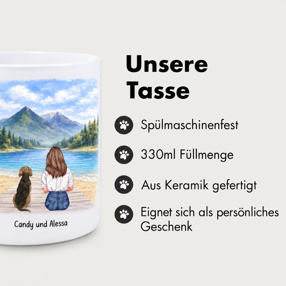 Taza de cerámica personalizada con perro y mujer junto a un lago, 330 ml, apta para lavavajillas.