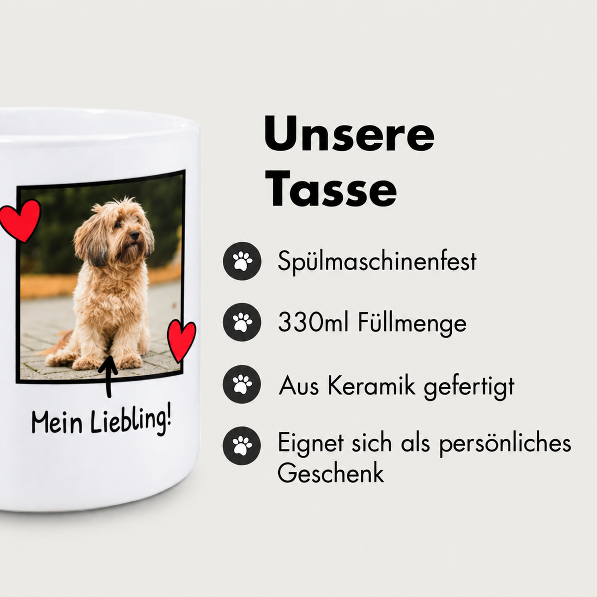 Taza de cerámica personalizada con foto de perro y el texto "Mein Liebling!", apta para lavavajillas, 330 ml.