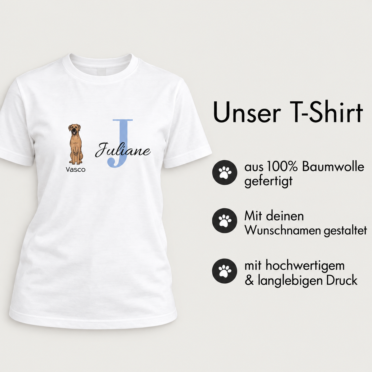 Camiseta blanca 100% algodón personalizada: motivo de perro e inicial "J" de Juliane.
