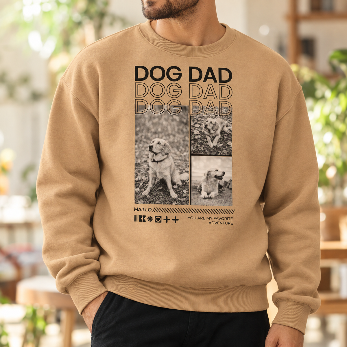 Sudadera beige con motivo Dog Dad y fotos de perros. Mezcla de algodón, corte holgado.