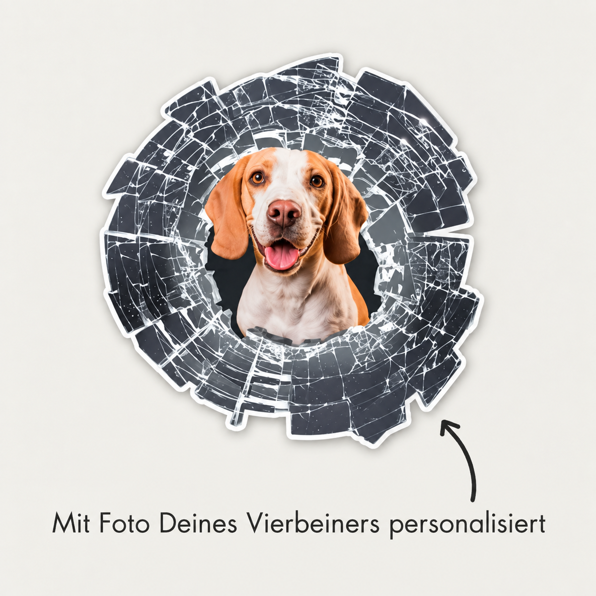 Pegatina de coche personalizada con foto de un perro, con diseño de cristal roto.