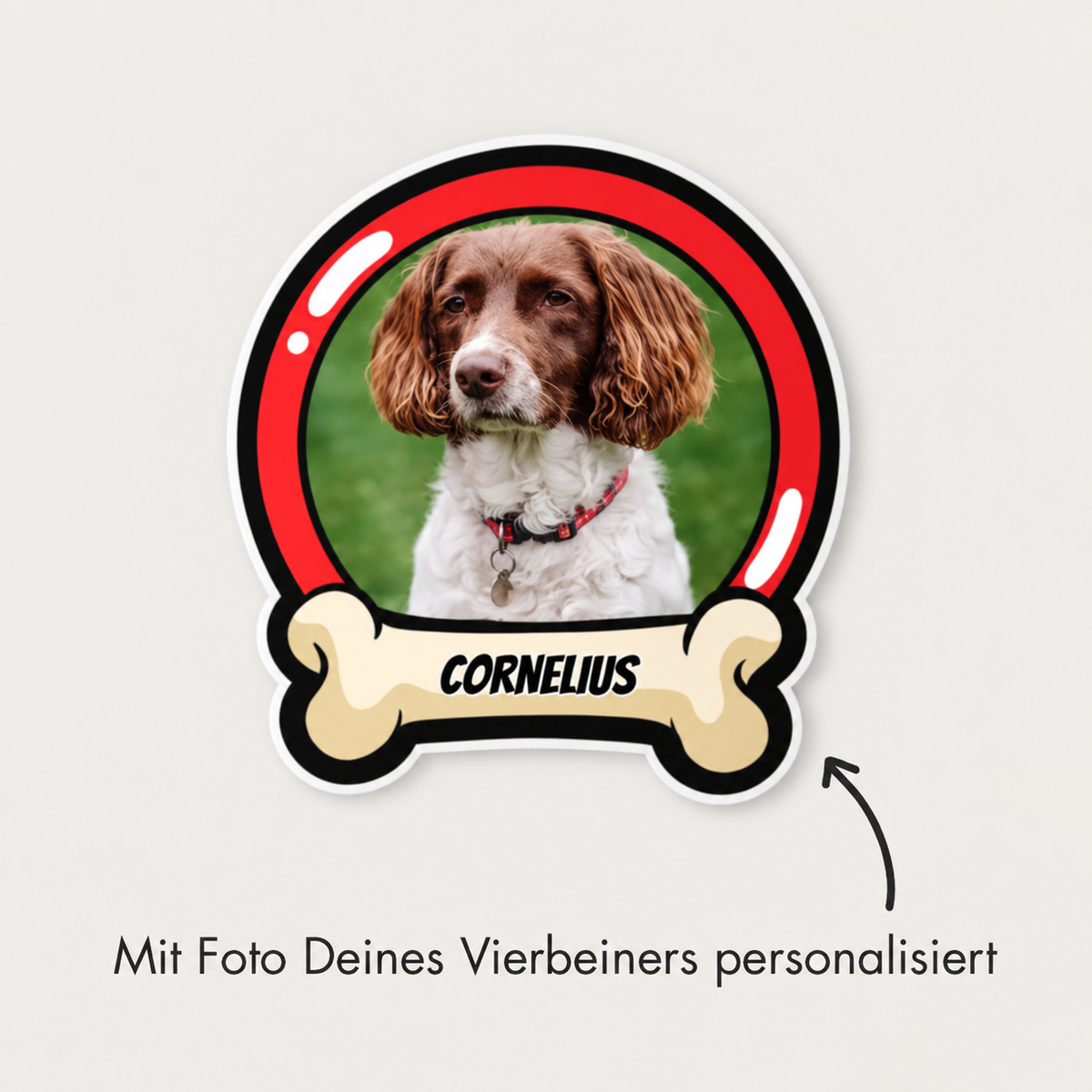 Pegatina de coche personalizada con foto de perro y nombre, en rojo y blanco.