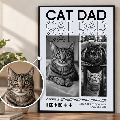 Póster personalizado con cuatro fotos de gatos en blanco y negro y el texto "Cat Dad". Obra en marco negro.